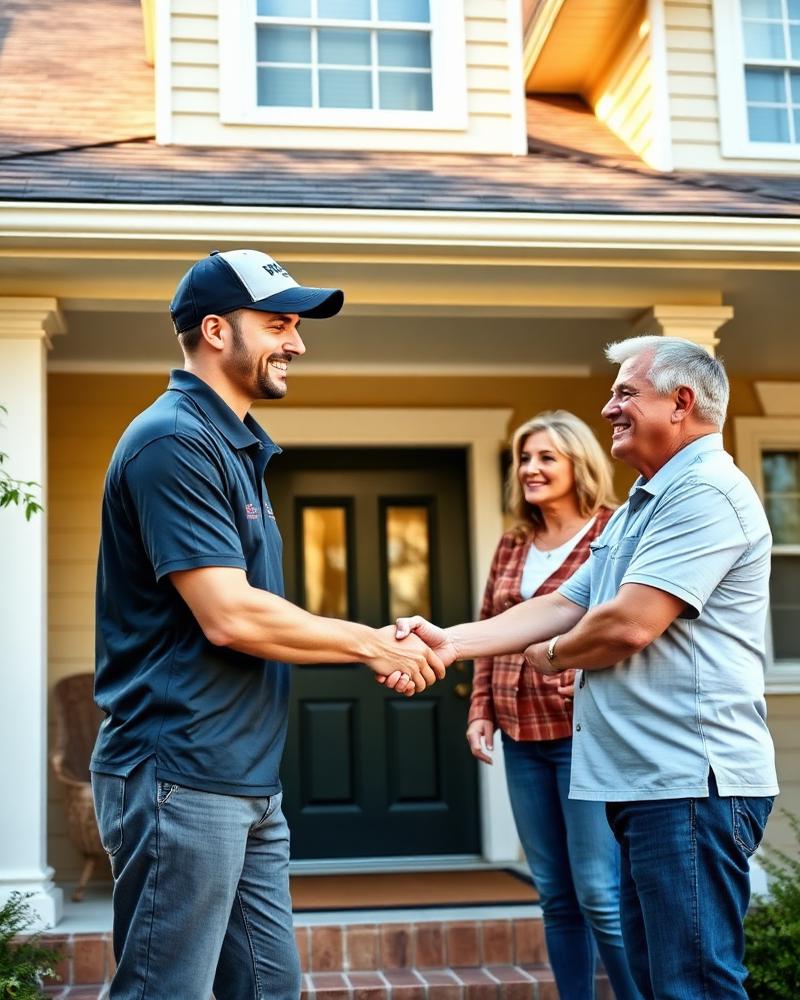 Stallion Ridge crew member greeting homeowners on their porch